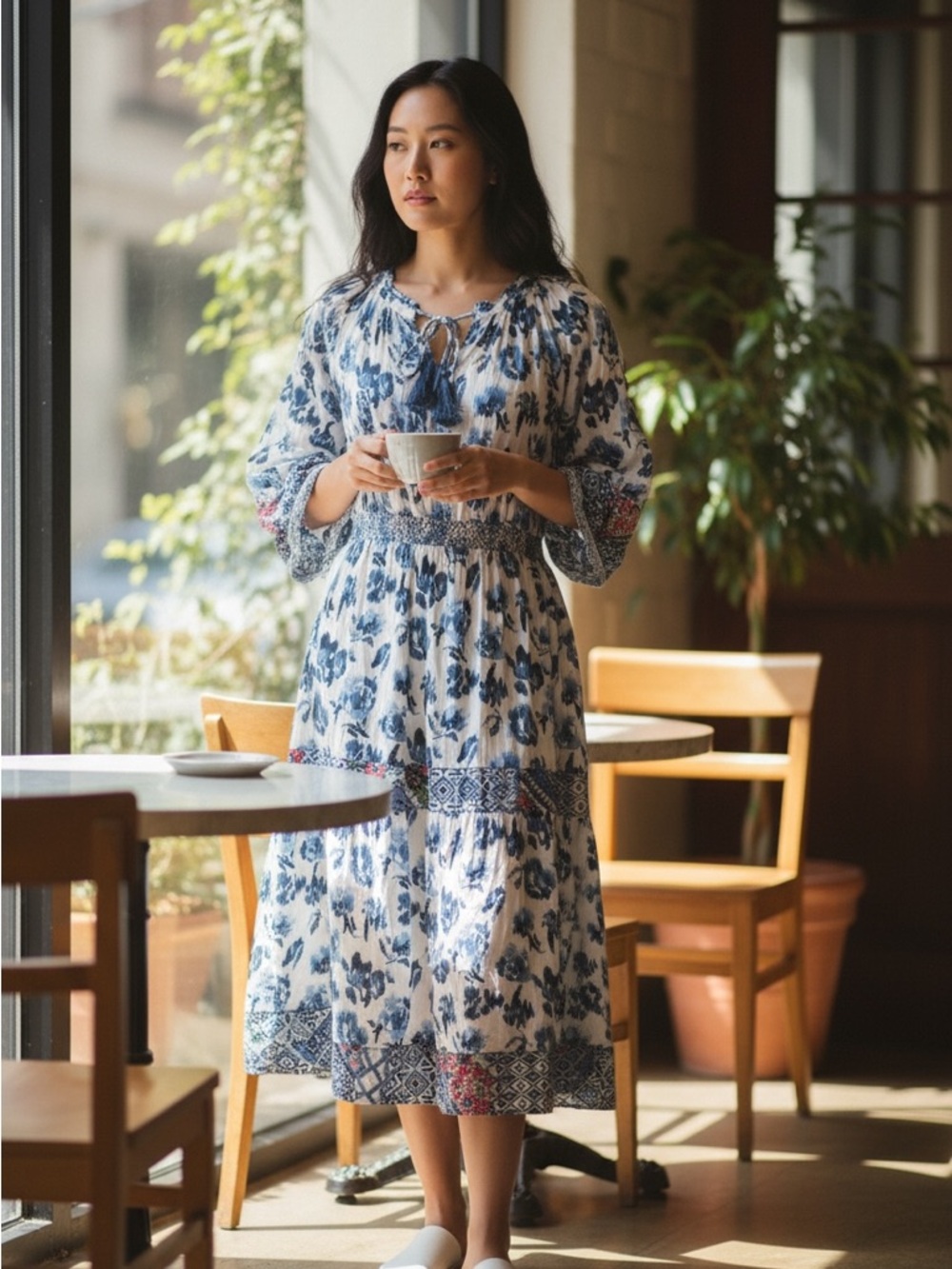 John Mark Mix Print Tassel Tie Women’s Blue Floral Midi Dress Size M Cottagecore
